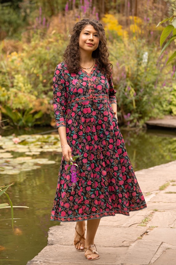 New Persian Rose Dress,pure Cotton,hand Block  Printed,bohemian,casual-occasional,holiday,summer,black,pink,handcrafted,ethical  Fashion - Etsy