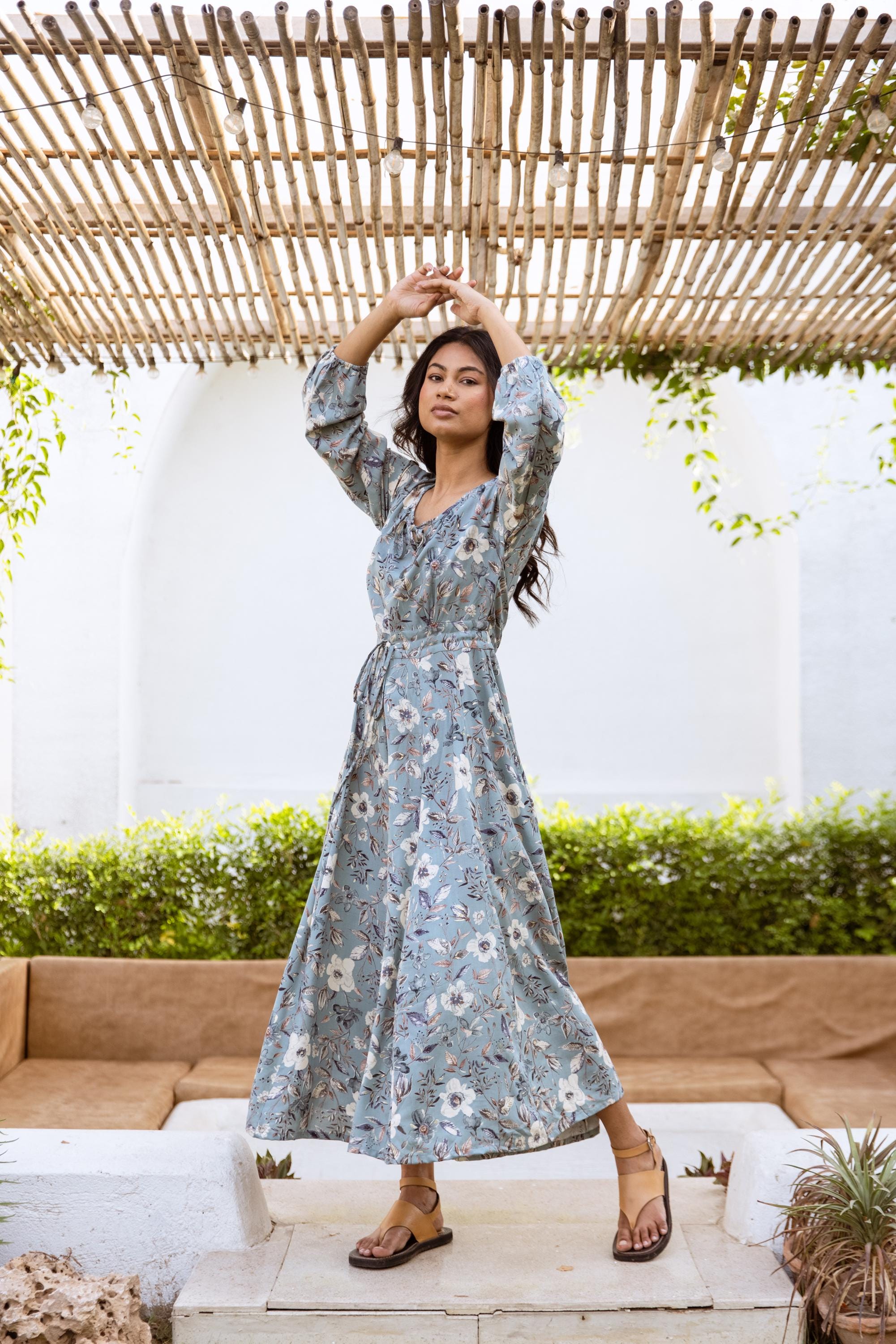 Anemone-bohemian Maxi Dress,hand Printed,rayon,floral,duck