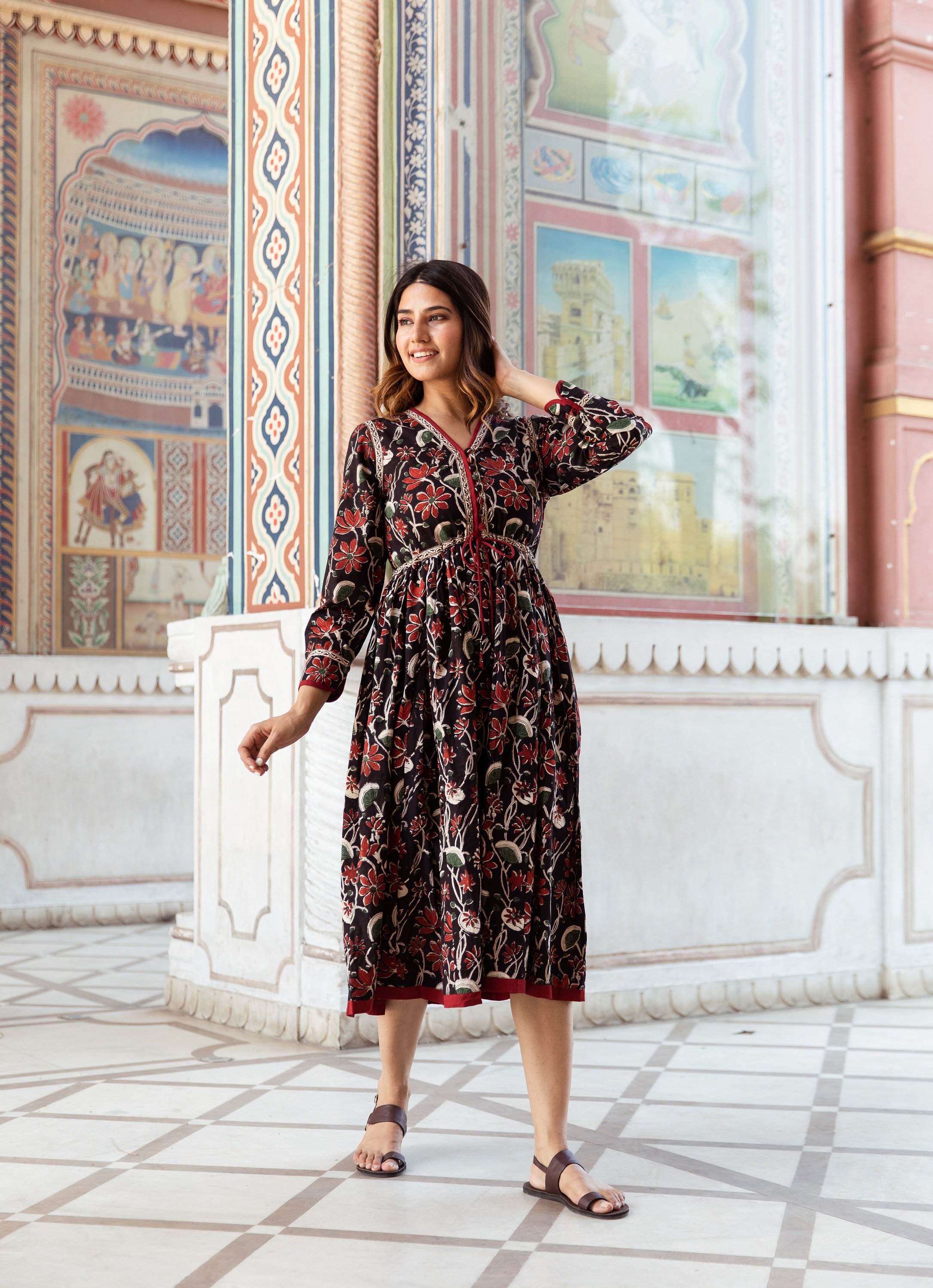 New Divya-bohemian Midi Dress,hand Block Printed Cotton,casual