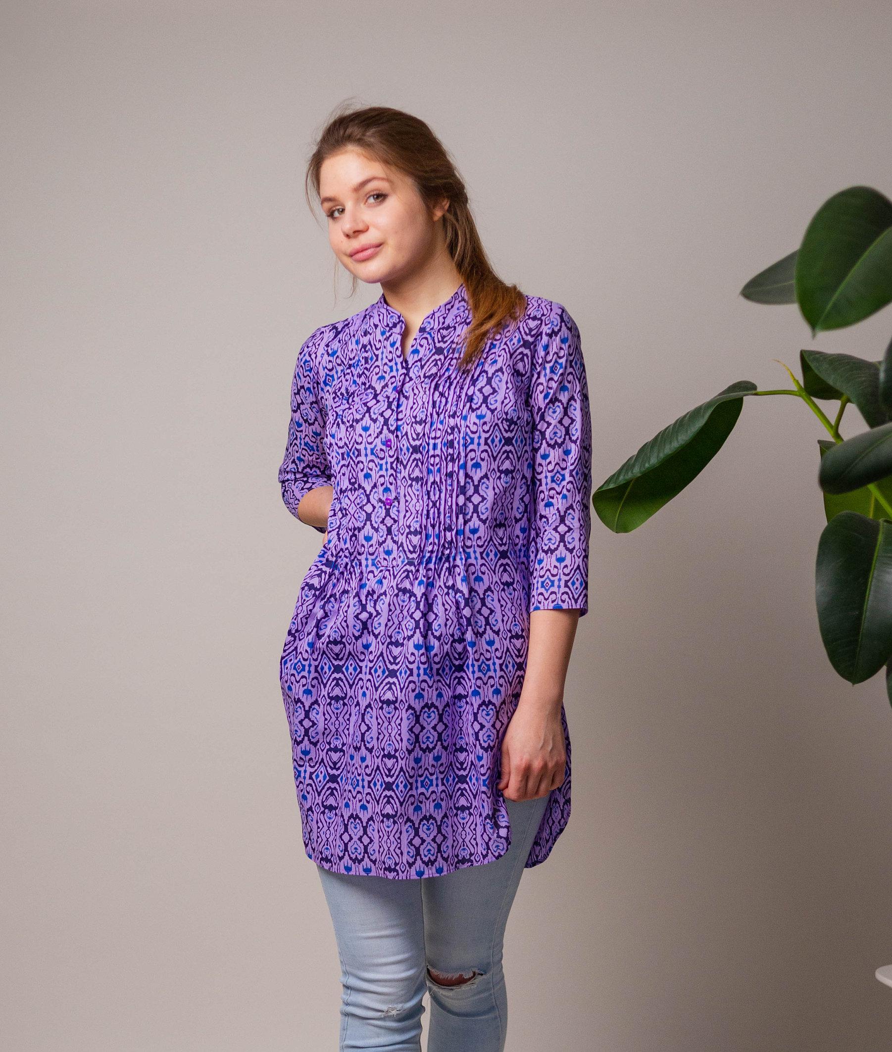 New Kamilah Tunic Shirt,Pure Cotton,Hand Printed,Holiday,Casual,Lilac,Navy Blue,Blue,Bohemian,Ethical Fashion,Handcrafted,Summer