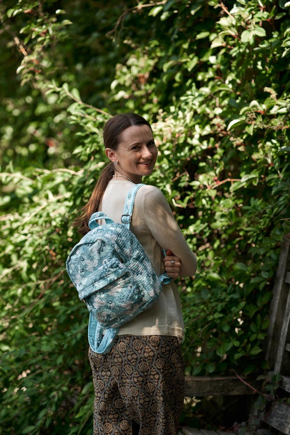 New Amala Hand Block Printed Mini Backpack quilted floral pure Cotton bohemian blue white handmade ethical Fashion limited Edition Etsy Ireland