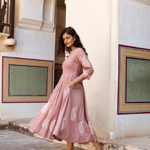 New Nira Anarkali Dress,Pure Cotton,Paisley,Bohemian,Occasional,Rose,White,Hand Block Printed,Ethical Fashion,Handcrafted,Panelled