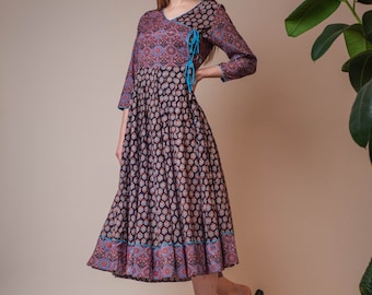 New Samsara Anarkali Dress,Pure Cotton,Hand Block Printed,Bohemian,Black,Blue,Wrap Front Dress,Casual,Occasional,Ethical Fashion,Handcrafted