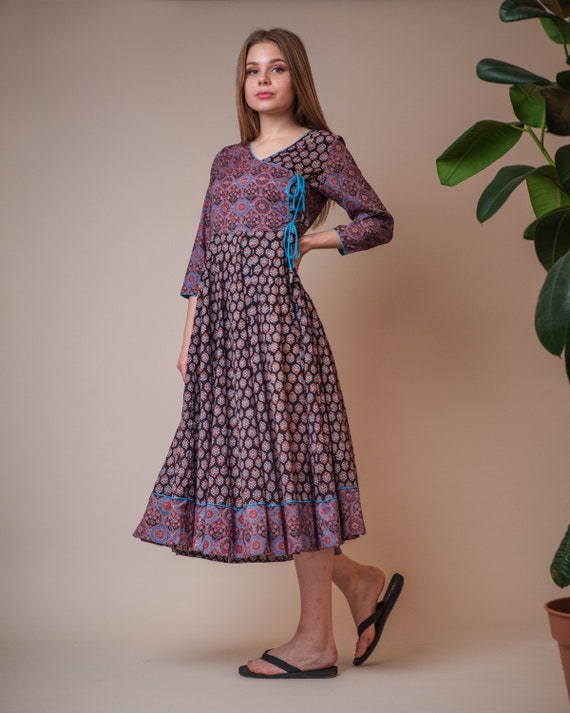 New Samsara Anarkali Dress,Pure Cotton,Hand Block Printed,Bohemian,Black,Blue,Wrap Front Dress,Casual,Occasional,Ethical Fashion,Handcrafted