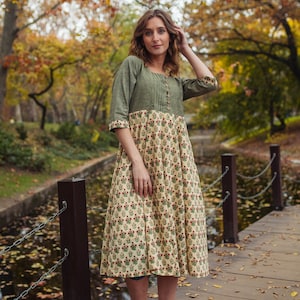 Cathy-Dress,Calf Length,Hand Block Printed,Bohemian,Floral,Green,Cream,Red,Casual,Occasional,Handmade,Ethical Fashion,Panelled