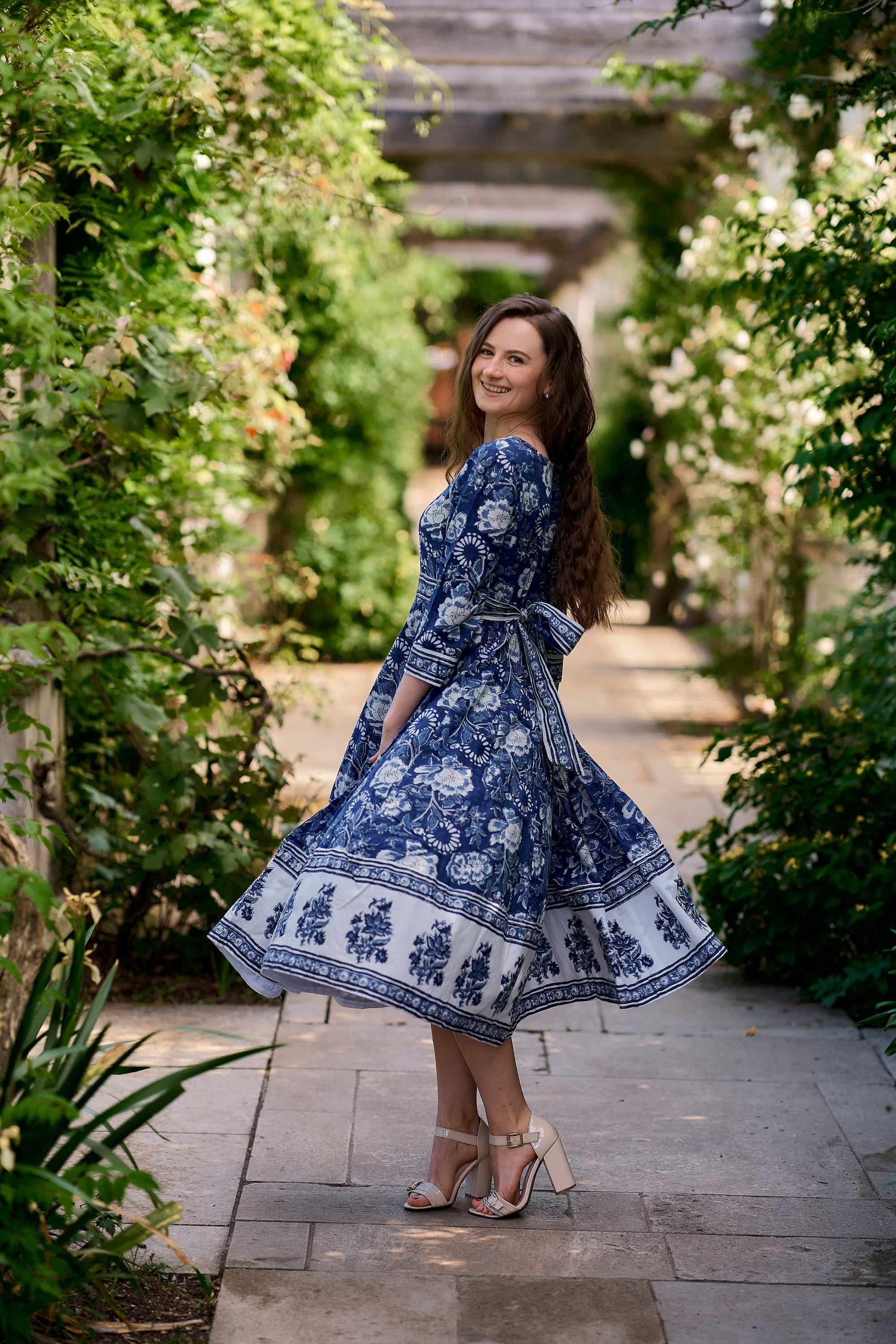 New Kanana Anarkali Dress,Pure Cotton,Bohemian,Occasional,Blue,White,Hand Block Printed,Ethical Fashion,Handcrafted,Panelled