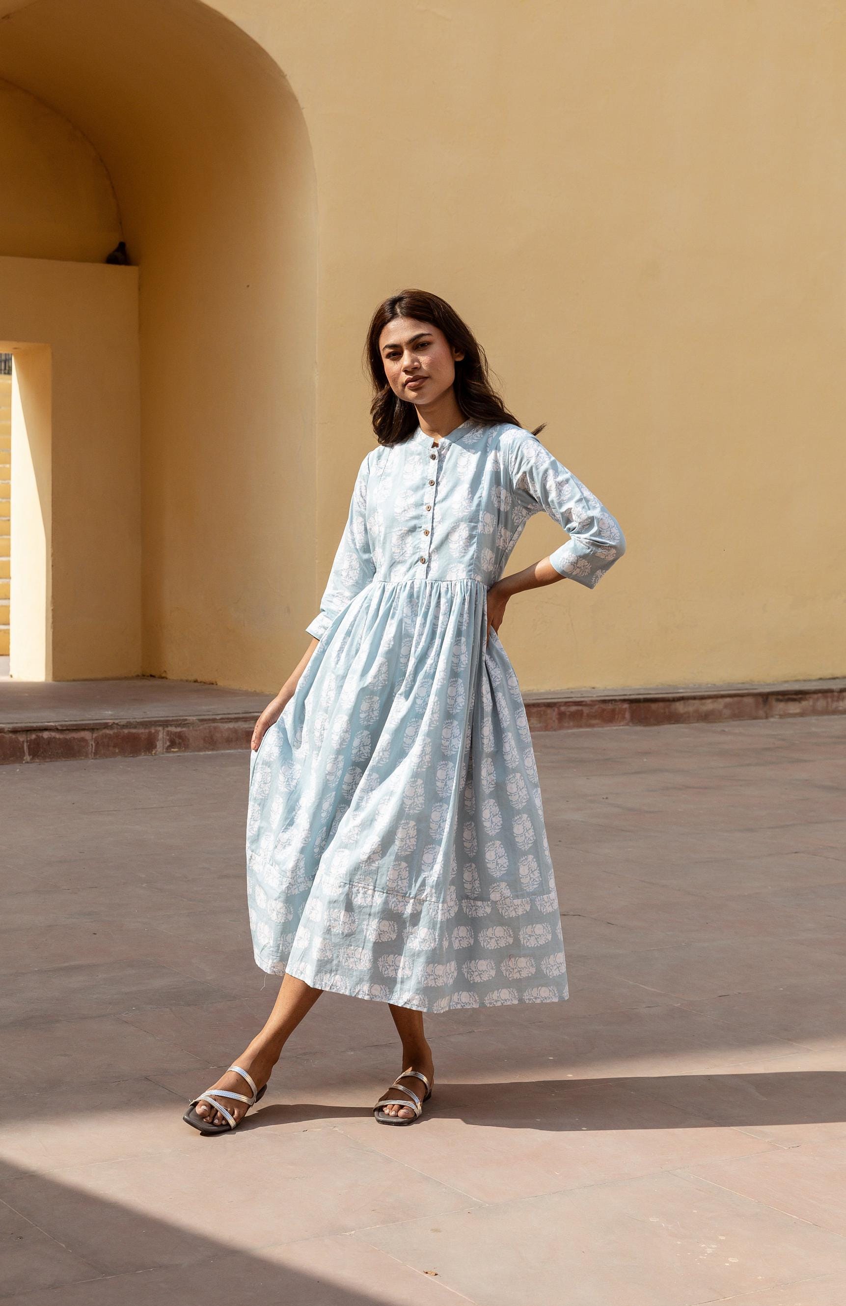 New Ellora Dress,Pure Cotton,Hand Block Printed,Bohemian,Casual-Occasional,Holiday,Summer,Blue,White,Handcrafted,Ethical Fashion