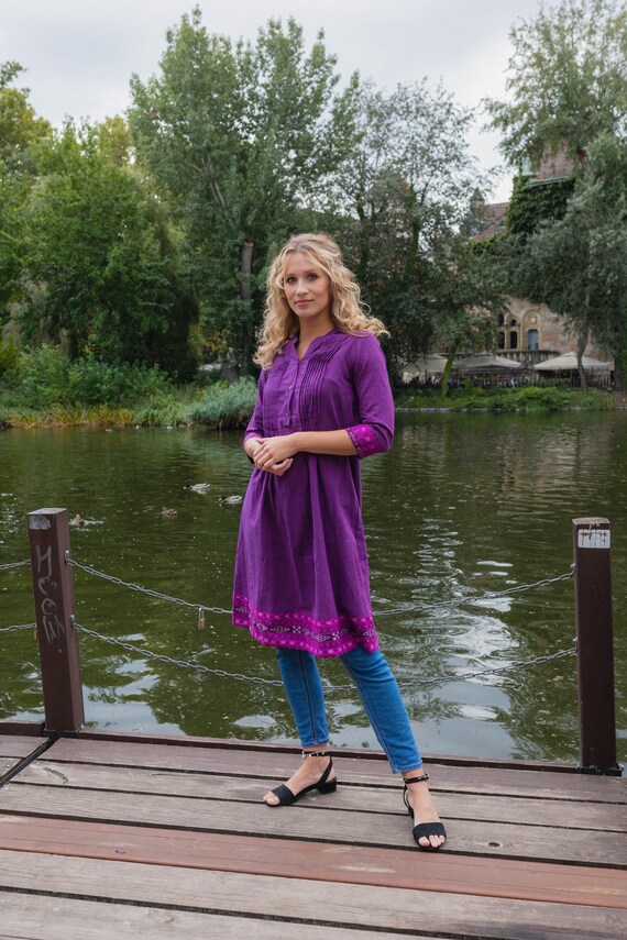 purple tunic dress Calla-Tunic Dress,Pure Cotton,Hand Loom,Bohemian,Casual-Occasional,Holiday,Spring-Summer,Purple,Handcrafted,Ethical Fashion,
