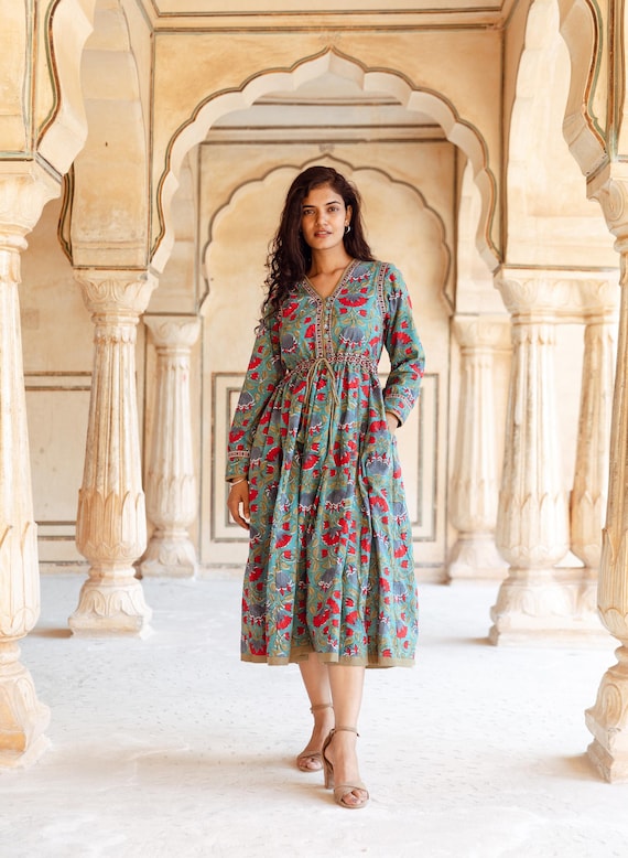 New Panchami-Bohemian Midi Dress New Panchami-bohemian Midi Dress,hand Block Printed  Cotton,casual,occasional,pure Cotton,handcrafted,ethical  Fashion,floral,green,red - Etsy