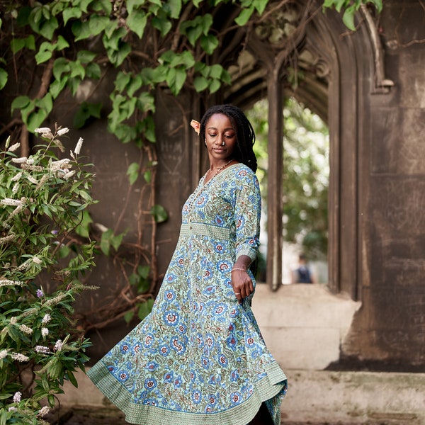 New Skye Dress,Pure Cotton,Hand Block Printed,Bohemian,Casual-Occasional,Holiday,Summer,Blue,Green,Handcrafted,Ethical Fashion