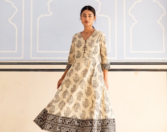 Kavita-Dress,Calf Length,Hand Block Printed,Bohemian,Paisley,Cream,Black,Casual,Occasional,Handmade,Ethical Fashion,Panelled