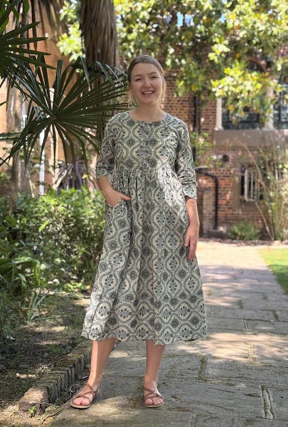 cotton linen dresses with sleeves Chaney Long Sleeve Mini Dress Color:24FS1403 48/122cm Length ElegantPakistaniSuit Blue Short Sleeve Scoop
