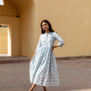 New Ellora Dress,Pure Cotton,Hand Block Printed,Bohemian,Casual-Occasional,Holiday,Summer,Blue,White,Handcrafted,Ethical Fashion