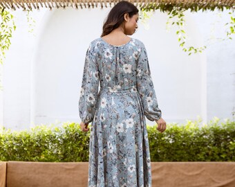 Anemone-bohemian Maxi Dress,hand Printed,rayon,floral,duck