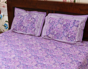 Lilamrita - Hand Block Printed Cotton Bed Cover with Two Pillow Cases,Flat Sheet,King Size,Floral,Ethical,Handcrafted,Pink,Navy,White