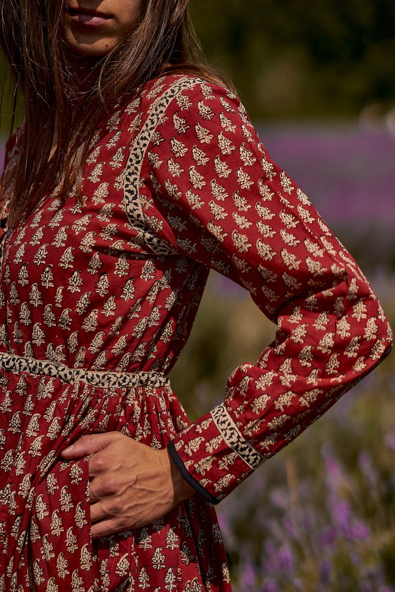 New Katie-Bohemian Midi Dress,Hand Block Printed Cotton,Casual,Occasional,Pure Cotton,Handcrafted,Ethical Fashion,Floral,Black,Cream,Red image 6