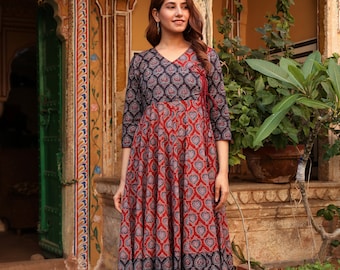 New Siena Anarkali Dress,Pure Cotton,Hand Block Printed,Bohemian,Maroon,Black,Wrap Front Dress,Casual,Occasional,Ethical Fashion,Handcrafted
