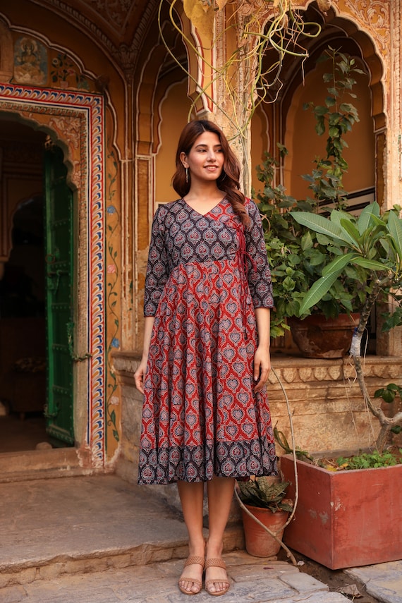 New Siena Anarkali Dress,pure Cotton,hand Block  Printed,bohemian,maroon,black,wrap Front Dress,casual,occasional,ethical  Fashion,handcrafted - Etsy Israel