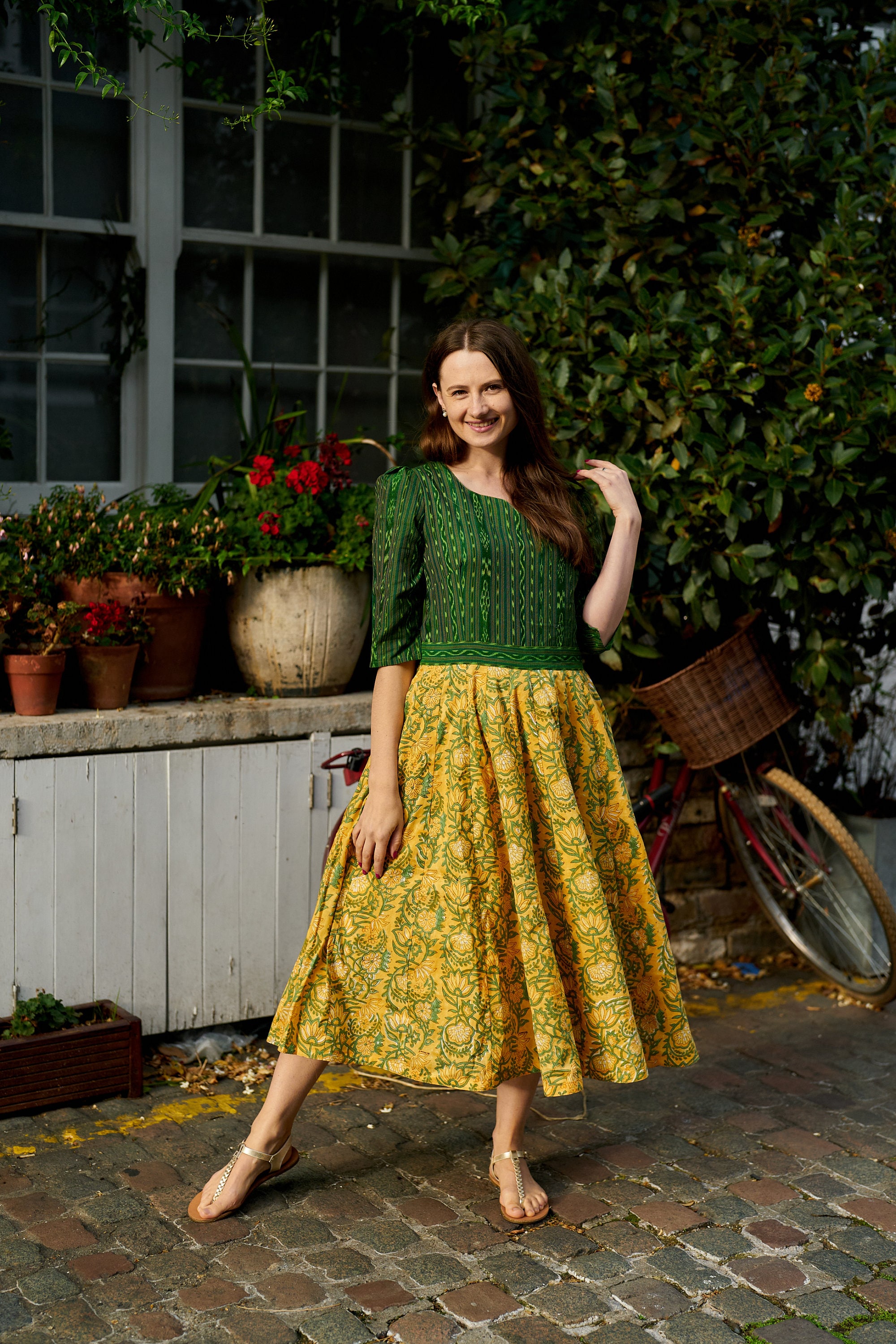 mustard and green dress Kiki Mustard Green Asymmetric Knot Sleeveless Dress in Acetate Knit –  fbrq.com main image 0