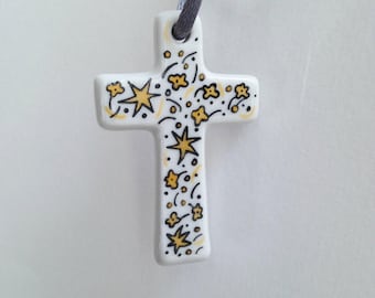 Croix porcelaine motifs graphiques, étoiles, bougies décoration chambre, communion, baptême, profession foi, cadeau parrain marraine