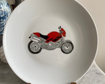 Assiette ou mug avec une moto de course, pour enfant ou adulte passionné de 2 roues, rallye, solex et sacoche vintage, vespa personnalisé