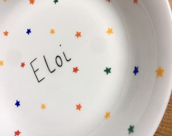 Hand-painted plate for girls and boys, filled with multicolored mini stars or hearts, personalized with first name, birth gift