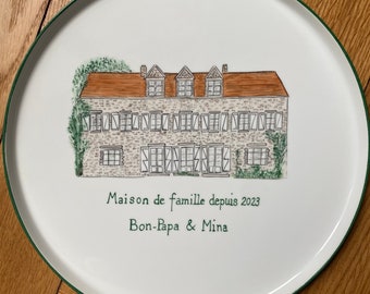 Ma maison, mon lieu de vacances, mon château, prénoms des petits-enfants peints sur un plat à tarte, cadeau mariage, emménagement.