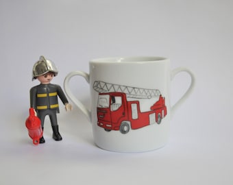 Assiette, mug, cuillère, tasse bol en porcelaine avec camion de pompier rouge, vaisselle pour enfant, petit garçon, première vaisselle anniv
