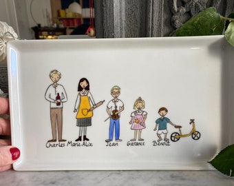 Petit plat en porcelaine portrait de famille, mariage, dessin famille, témoins mariés anniversaire grand-mère grand-père fête des mères