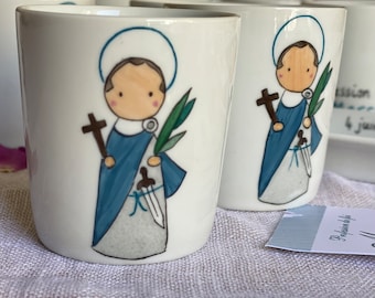 Tasse, mug, coupelle, mini vide-poche, avec affichette Saint Patron : souvenir communion baptême personnalisé, contenant dragées original