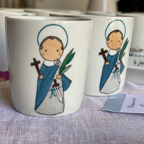 Tasse, mug, coupelle, mini vide-poche, avec affichette Saint Patron : souvenir communion baptême personnalisé, contenant dragées original