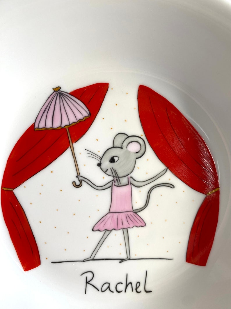 Une souris au cirque sur une assiette en porcelaine, funambule équilibriste cadeau naissance pour un bébé, anniversaire Petite fille zdjęcie 2