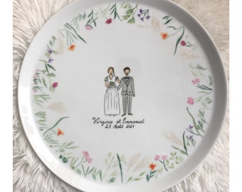 Pie dish, beautiful wedding gift with drawing of the bride and groom, witnesses of family members, friends, floral tower, as the announcement