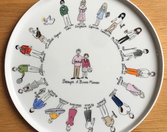 Plat à tarte porcelaine portrait de famille, cadeau de mariage, personnages témoins anniversaire, grand-mère gd-père cheftaine chef scout