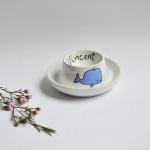 Whale plate and egg cup with the child's first name, gift for a personalized meal, boiled egg, puree, soup, coconut Easter