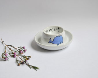 Whale plate and egg cup with the child's first name, gift for a personalized meal, boiled egg, puree, soup, coconut Easter