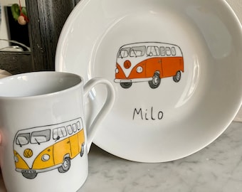 Tableware decorated with a volkswagen combi van, vintage car, for a collector, 70s, peace and love van fitted out Road trip