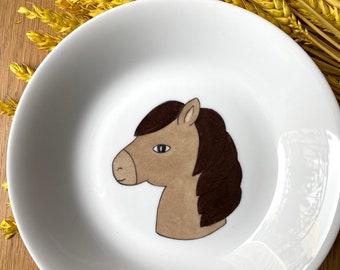 Portrait of little pony on porcelain plates, for a horse riding fan, horse, horses