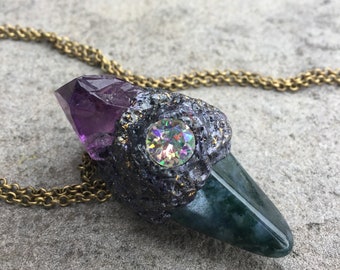 Necklace with moss agate, amethyst and gold leaf