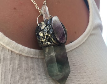 Statement chain with rainbow fluorite and amethyst