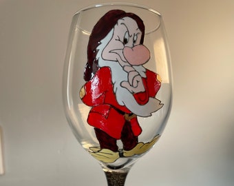 Grumpy Snow White and Seven Dwarfs Large Hand Painted wine Glass with Black Stem and Base