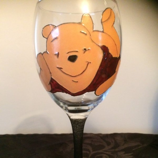 Winnie The Pooh  Hand Painted Large Wine Glass Black Stem