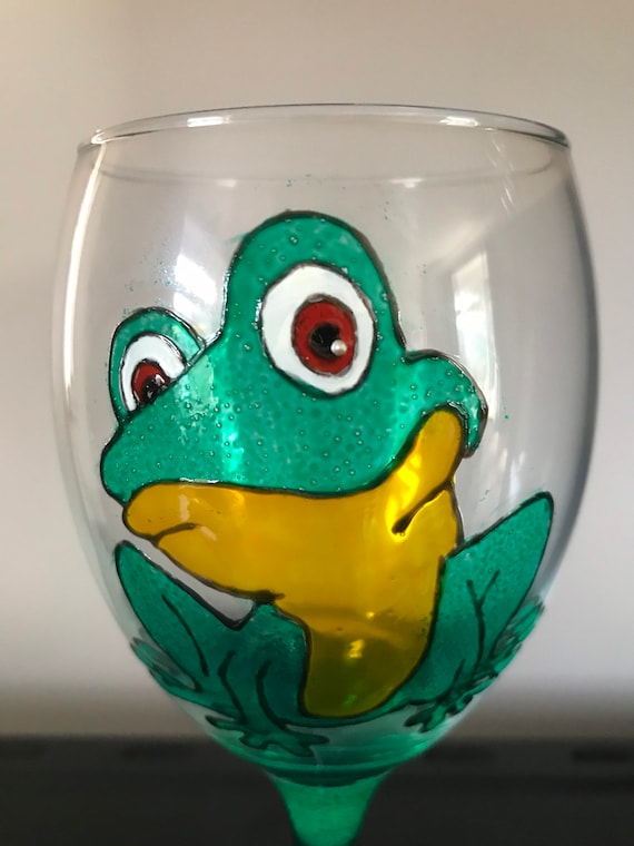 2 Hand-Painted Green Frog Wine Glasses 