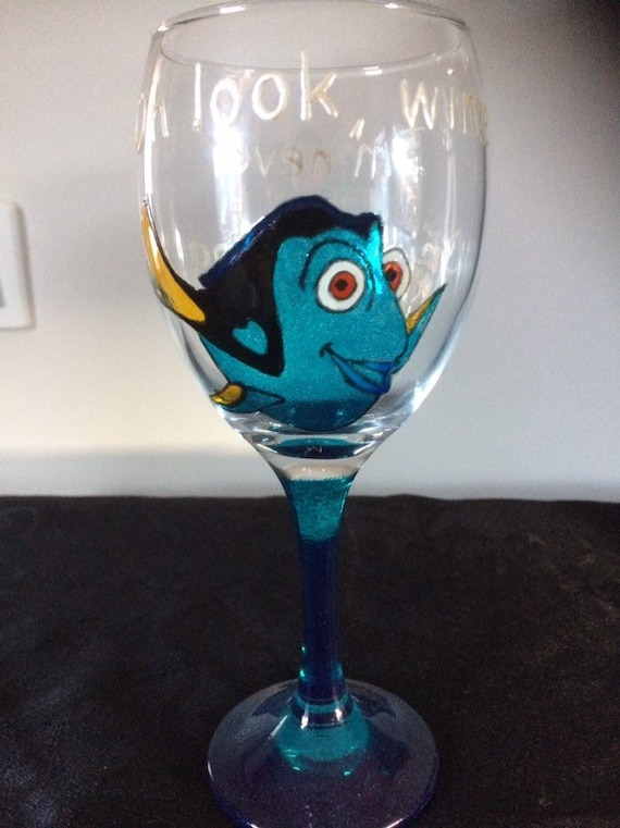 Stitch Large Hand Painted Wine Glass Aqua Blue Hand Frosted Stem and Base 
