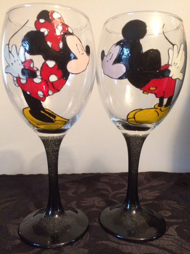 Mickey and Minnie Mouse Kissing Pair of Large Hand Painted Wine Glasses 