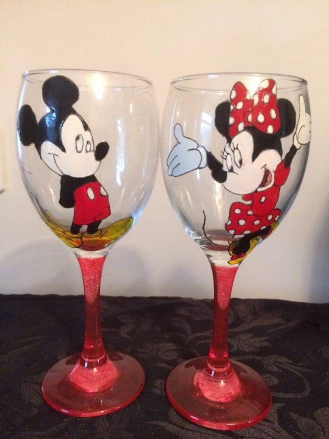 Mickey and Minnie Mouse Pair of Large Hand Painted Wine Glasses 