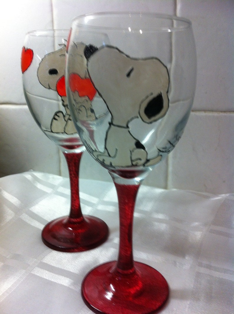 Pair of Snoopy Large Hand Painted Wine Glasses Etsy
