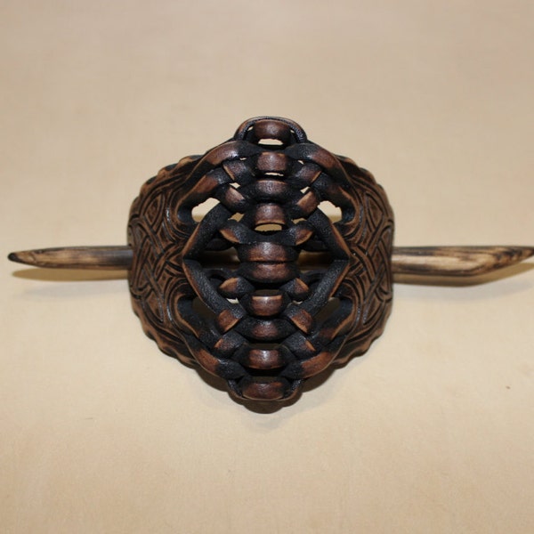 Leather barrette, Oak wand, Original barrette, Beautiful hairpin, Leather hairpins, Stick hair, Wooden stick for hair