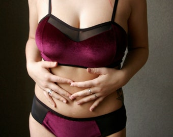 Wine red, black or purple velvet bustier and panties lingerie set