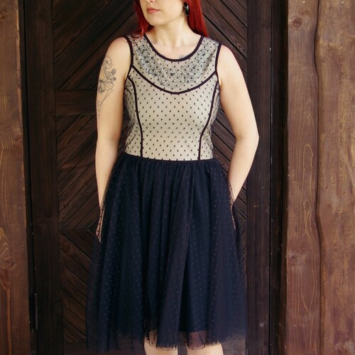 M size black tulle polka shops dot lace up sides corset prom dress